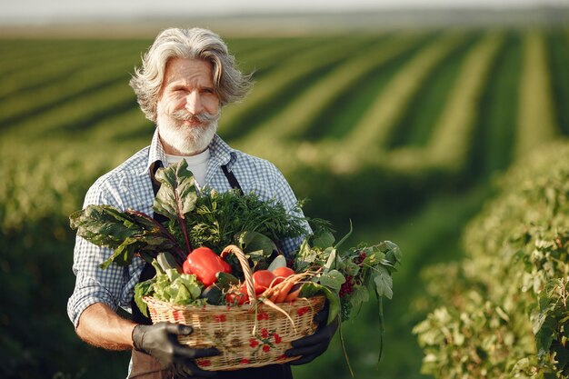 Cerca del viejo granjero sosteniendo una canasta de verduras. El hombre está de pie en el jardín. Senior en un delantal negro.