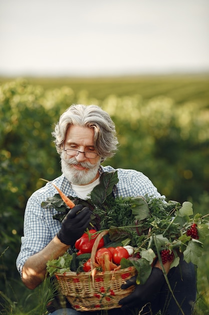 Cerca del viejo granjero sosteniendo una canasta de verduras. El hombre está de pie en el jardín. Senior en un delantal negro.