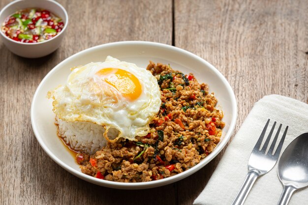 Cerdo Picado a la Albahaca con Arroz y Huevo Frito