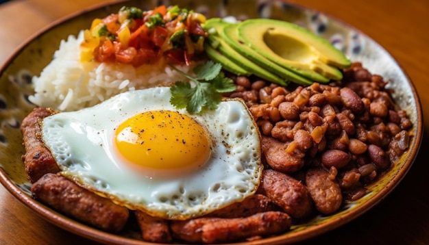 Cerdo a la plancha con huevo frito y ensalada generativa AI