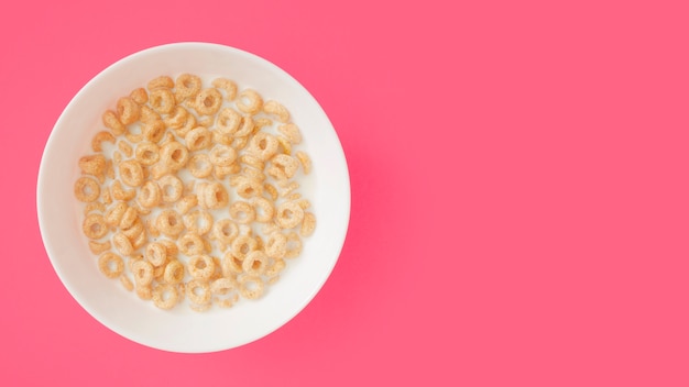 Cereales profundos con la leche en un tazón de cerámica sobre el fondo rosa