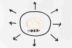 Foto gratuita cerebro con texto de idea rodeado por signos direccionales de flecha sobre fondo blanco