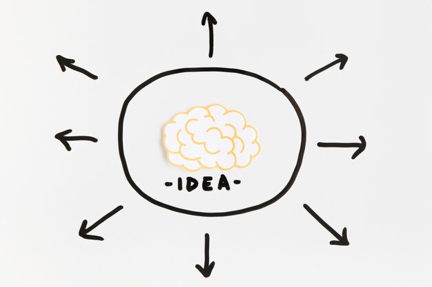 Cerebro con texto de idea rodeado por signos direccionales de flecha sobre fondo blanco