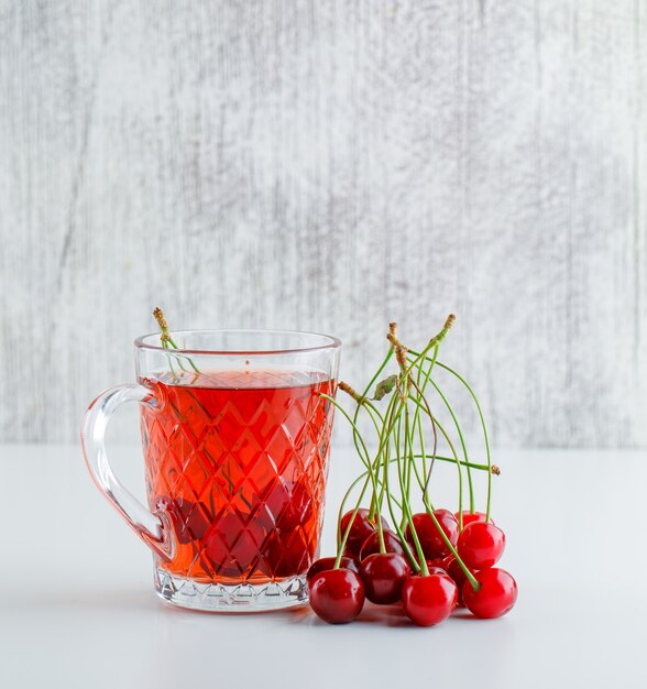 Cereza con té, vista lateral.