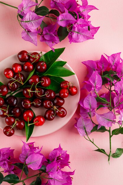 Cerezas con hojas, ramas de flores en un plato sobre superficie rosa