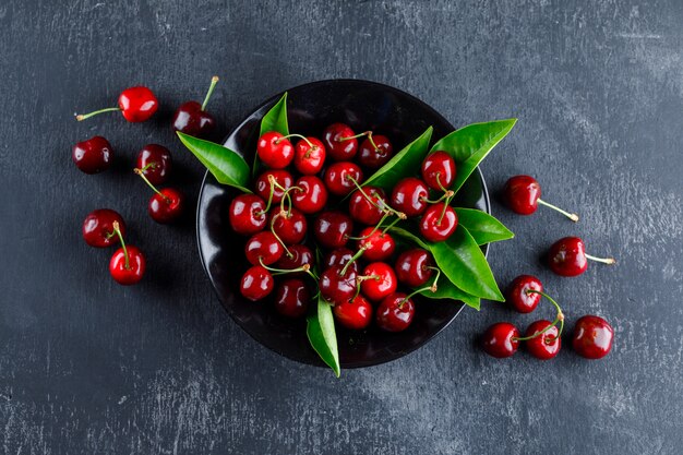 Cerezas en un plato con hojas vista superior sobre una superficie de yeso gris