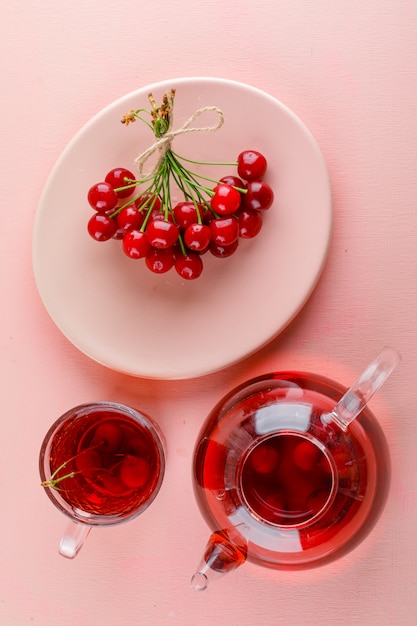 Cerezas en un plato con vista superior de té en una mesa rosa