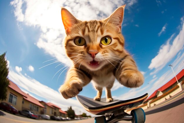 Cerrado en el gato en patineta