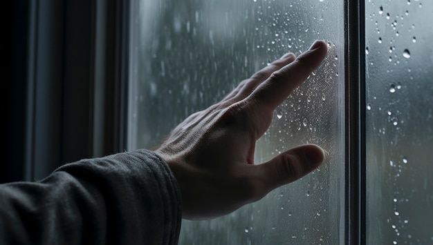 Cerrado en la mano tocando la ventana