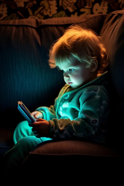 Cerrado en el niño usando un dispositivo inteligente por la noche