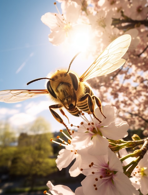 Foto gratuita cerrar la abeja recogiendo néctar