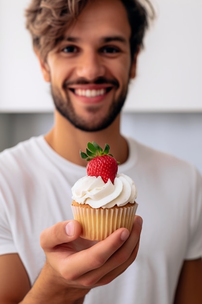 Foto gratuita cerrar al hombre con un delicioso cupcake