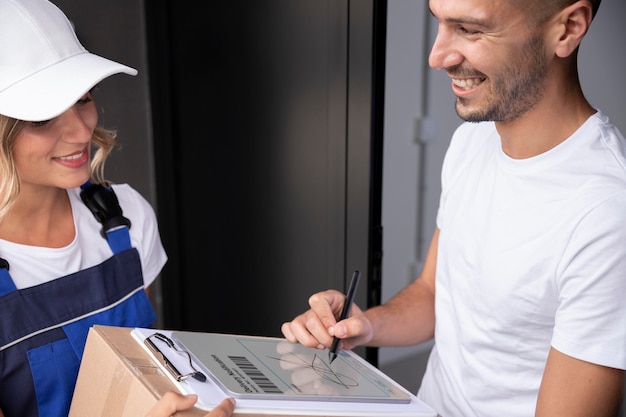 Foto gratuita cerrar la caja de recepción de hombre sonriente