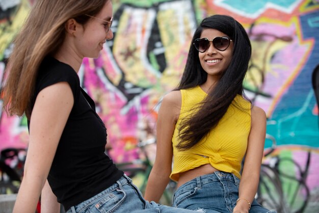 Cerrar chicas sonrientes al aire libre