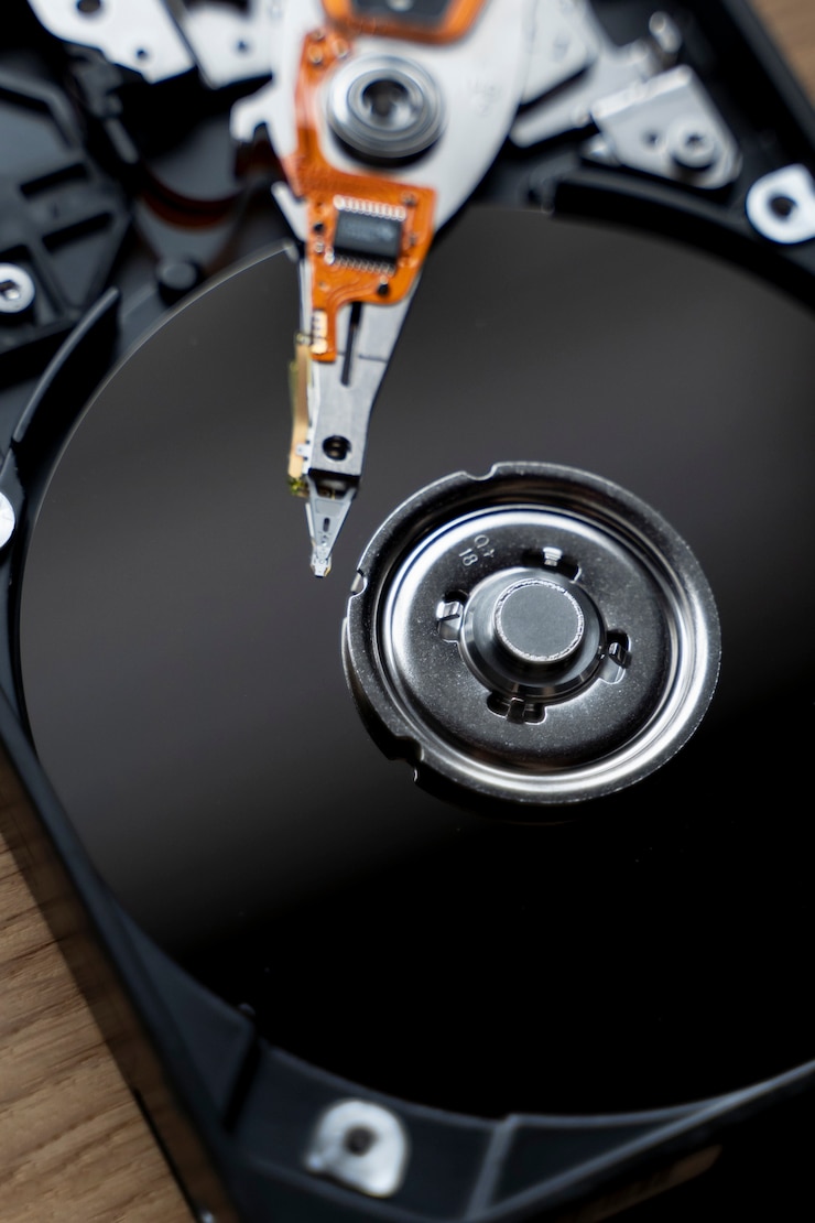 Foto gratuito cerrar dispositivo hdd en plano de estudio