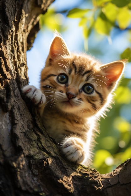 Foto gratuita cerrar el gatito en el árbol