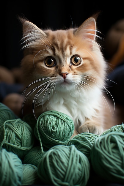 Cerrar en gatito con bolas de hilo