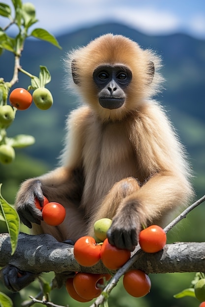 Cerrar los gibones en la naturaleza con frutas