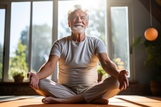 Cerrar hombre haciendo yoga en el interior