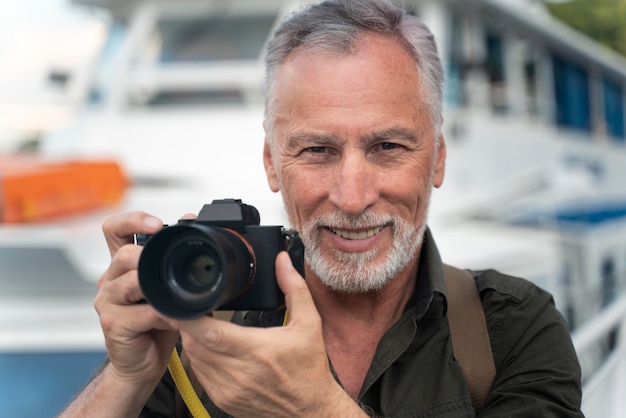 Foto gratuita cerrar hombre sonriente con cámara