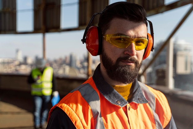 Cerrar hombre usando audífonos y gafas