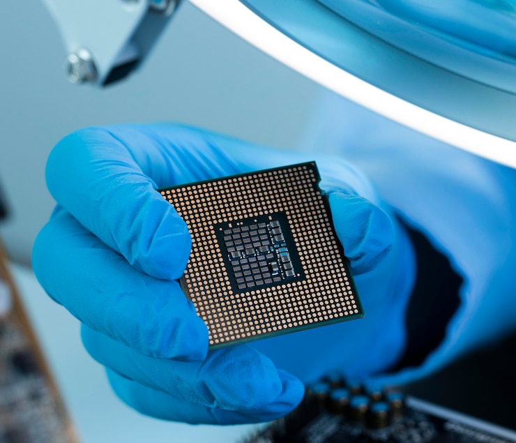 Foto gratuito cerrar mano con chip de sujeción de guante