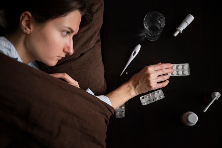 Foto gratuito cerrar mujer enferma con pastillas