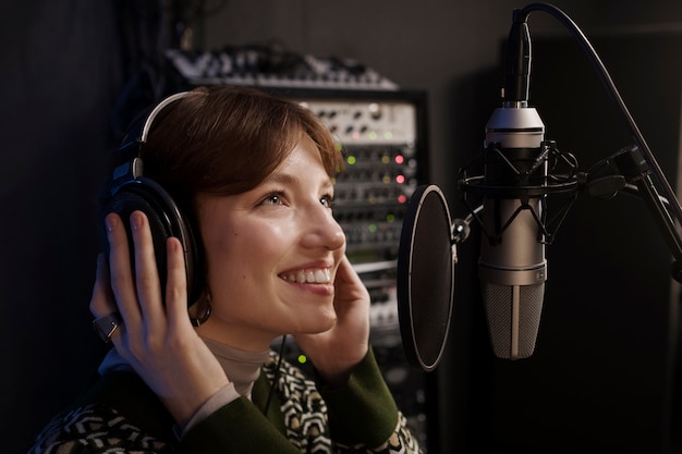 Cerrar mujer sonriente con auriculares