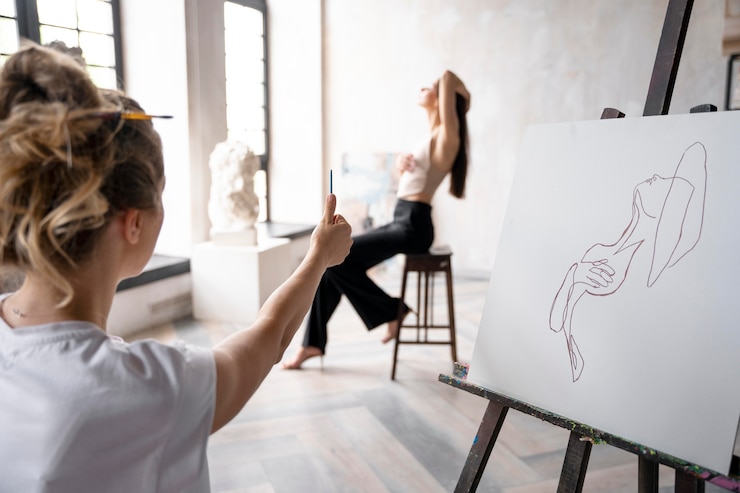 Foto gratuito cerrar mujer talentosa pintura sobre lienzo