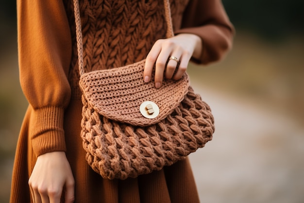 Foto gratuita cerrar en mujer vistiendo bolsa de punto