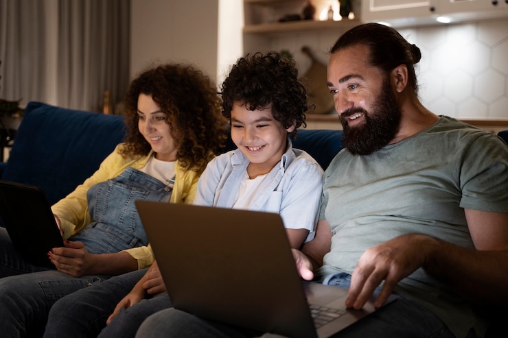 Foto gratuito cerrar el niño mirando por encima de la computadora portátil con los padres