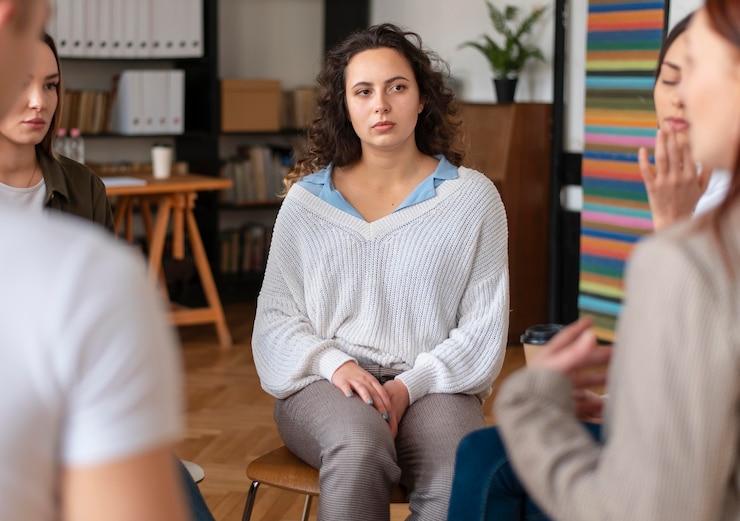 Foto gratuito cerrar personas tristes en terapia