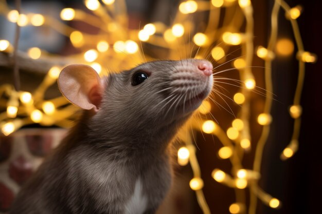 Cerrar una rata cerca de luces amarillas