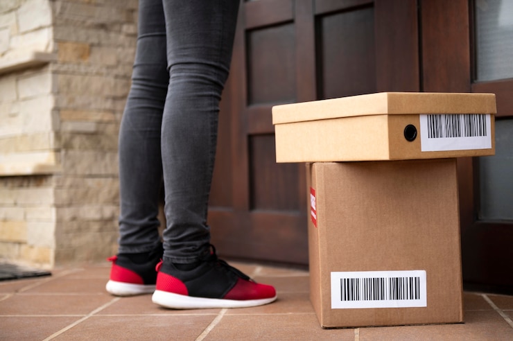 Foto gratuito cerrar repartidor con cajas