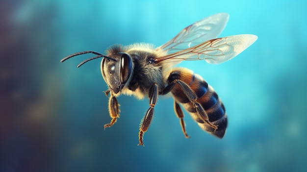 Cerrar sobre abeja aislada sobre fondo azul