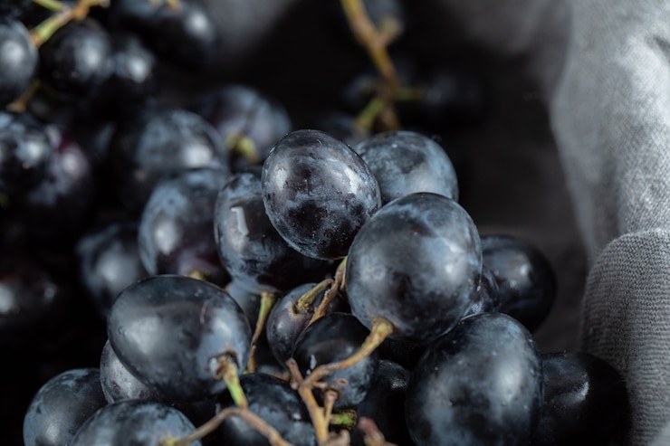 Foto gratuito cerrar vista de uvas negras en la canasta.