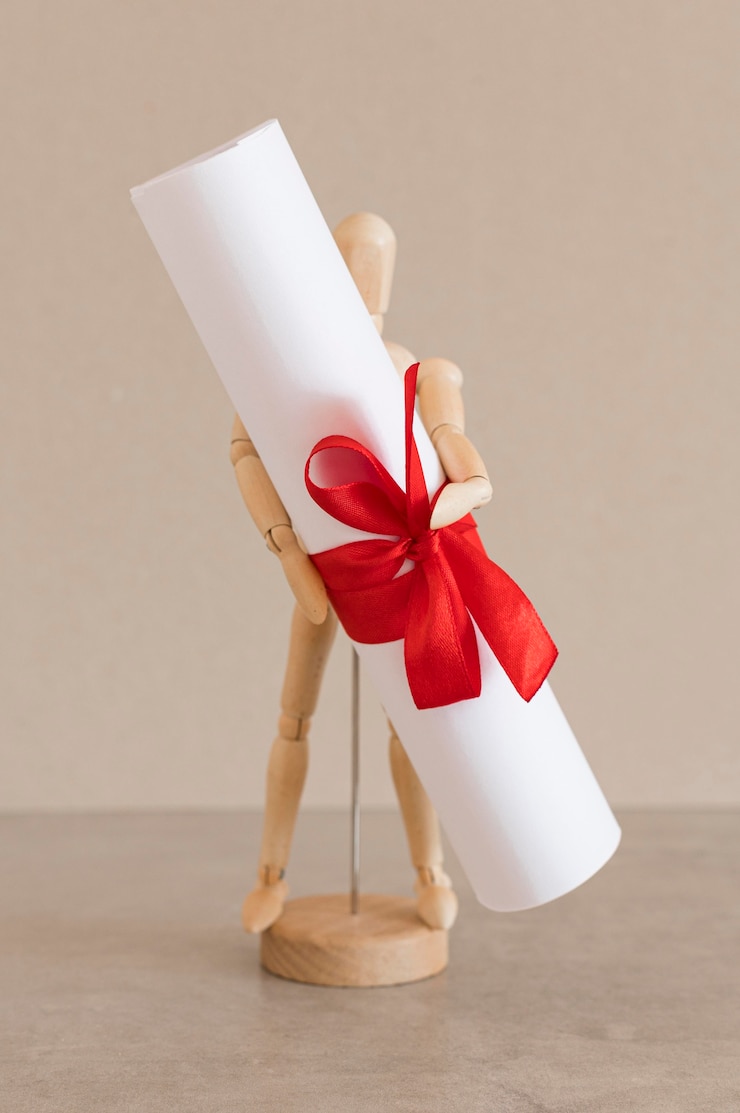 Foto gratuito certificado de diploma de educación por maniquí de madera