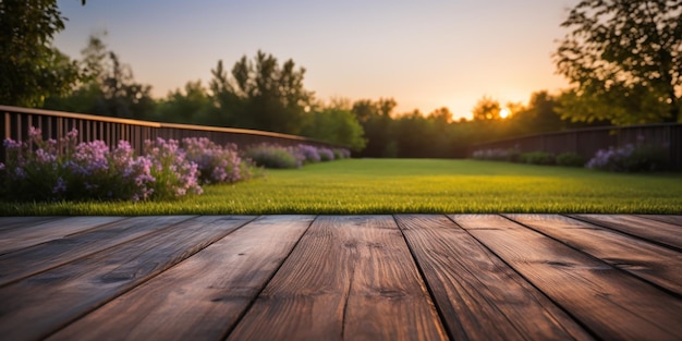 Foto gratuita un césped bien cuidado se extiende hasta una moderna barrera de madera que proyecta sombras suaves en el cálido resplandor de una tranquila puesta de sol