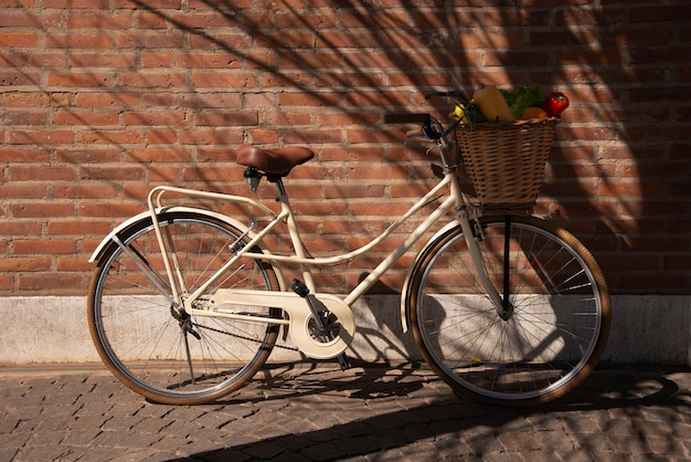 Cesta de bicicleta de vista lateral con comestibles frescos