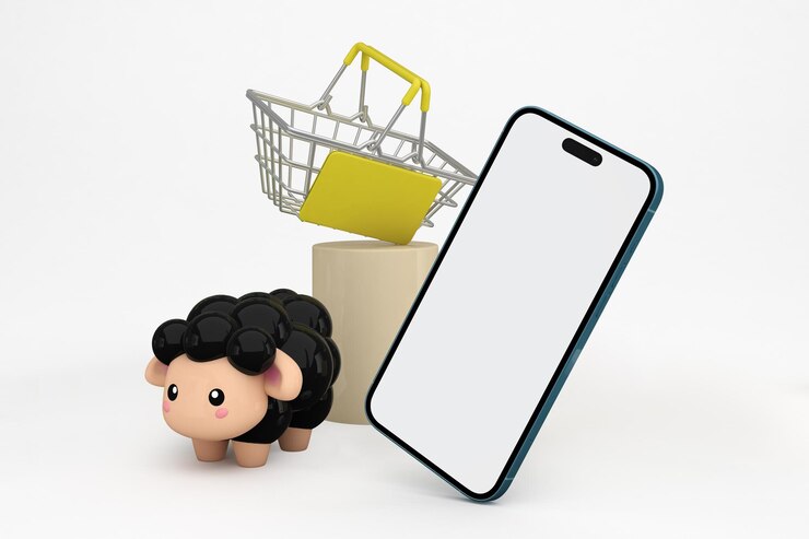 Foto gratuito cesta de la compra de adha y lado de la perspectiva del teléfono en fondo blanco