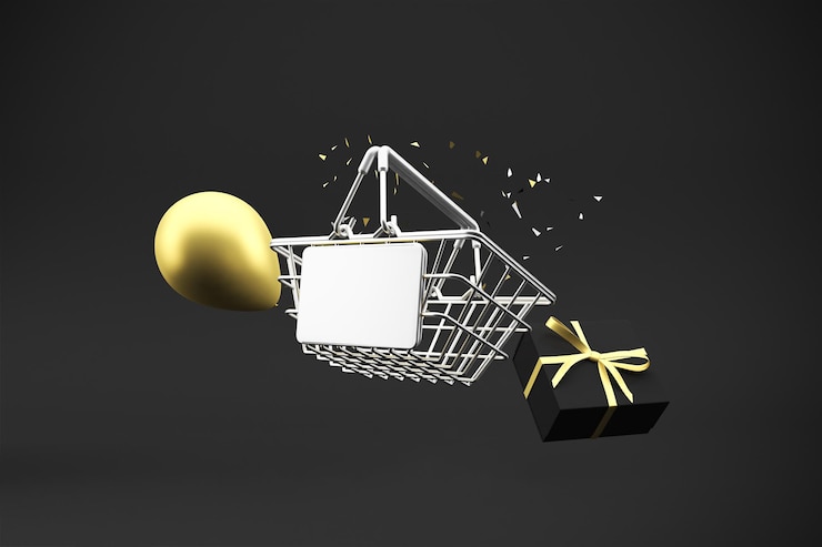 Foto gratuito cesta de compras con globo de oro y regalo
