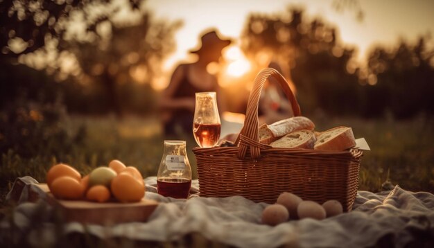 Cesta de fruta fresca y vino de comida orgánica generada por IA