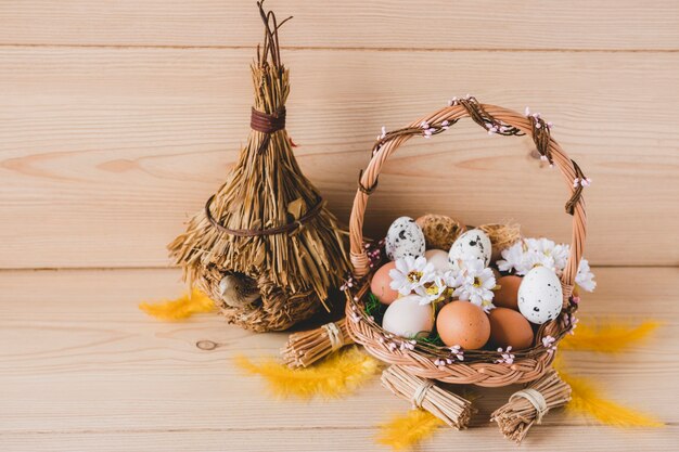 Foto gratuita cesta con huevos cerca de la cabaña de aves