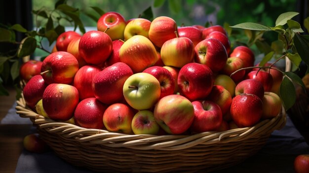 Una cesta llena de manzanas de colores.