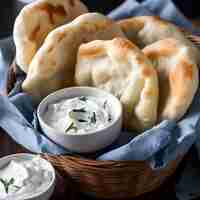 Foto gratuita cesta con pan pita con crema agria y perejil