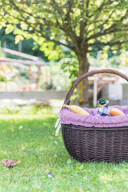 Cesta de picnic en la hierba verde