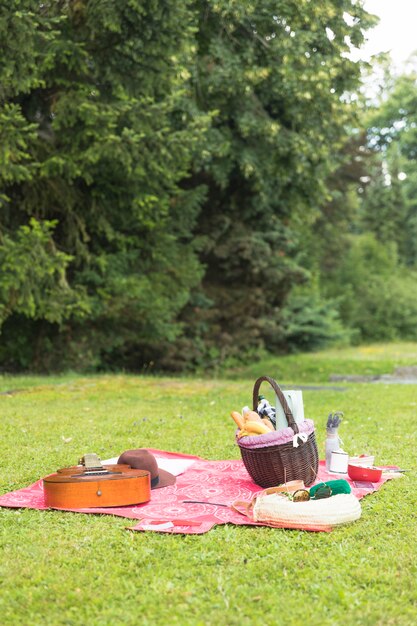 Cesta de picnic llena de comida con accesorio personal en manta sobre hierba verde