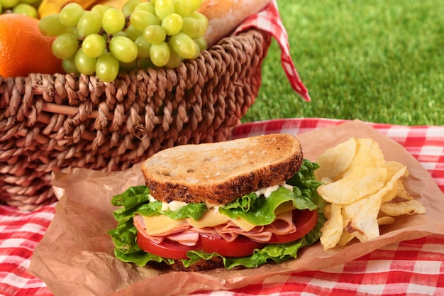 Cesta de picnic y sándwich de jamón y queso