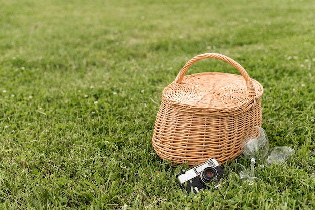 Cesta de picnic sobre césped del parque