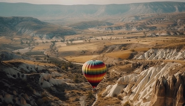 Cesta que levita se eleva sobre un impresionante paisaje montañoso generado por IA